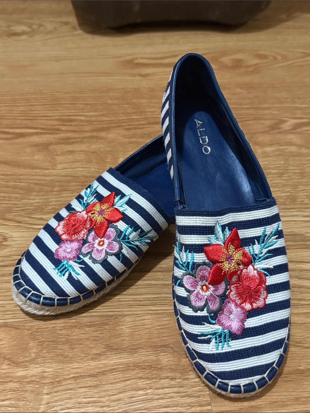 Aldo Navy & White Striped Espadrilles with Red Floral Embroidery